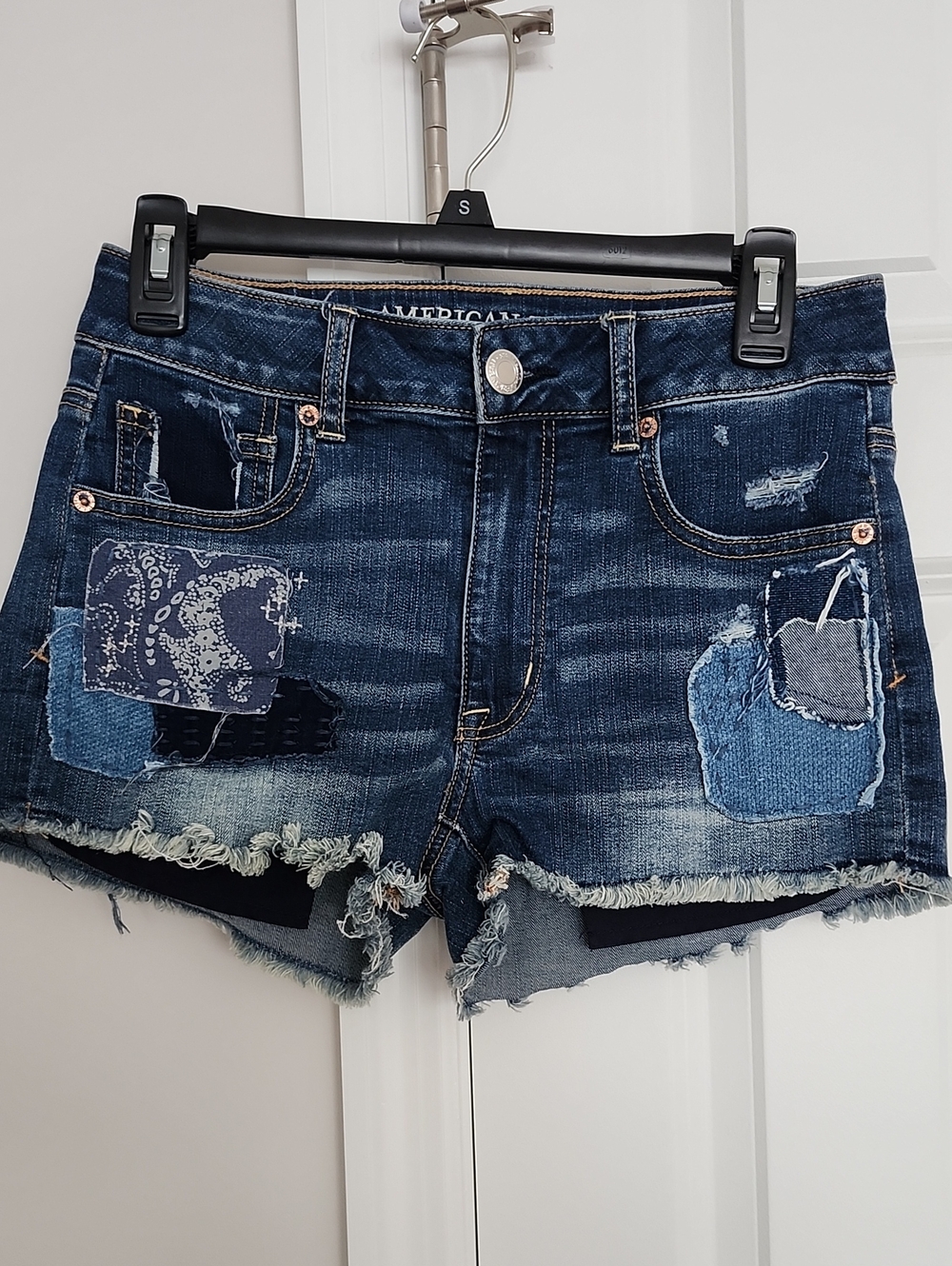 American Eagle Outfitters Dark Blue Patchwork Distressed Jean Shorts